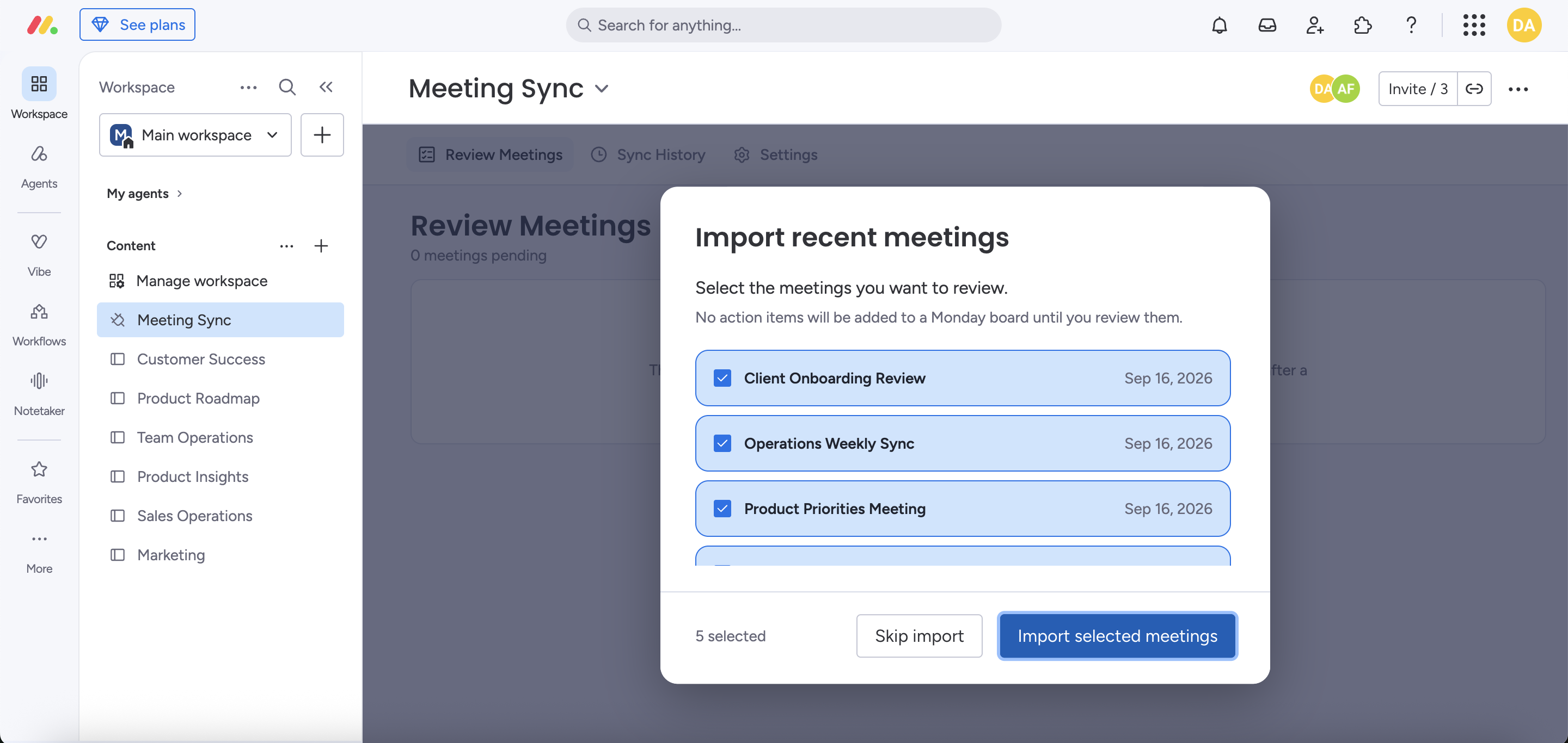Recent meetings import screen