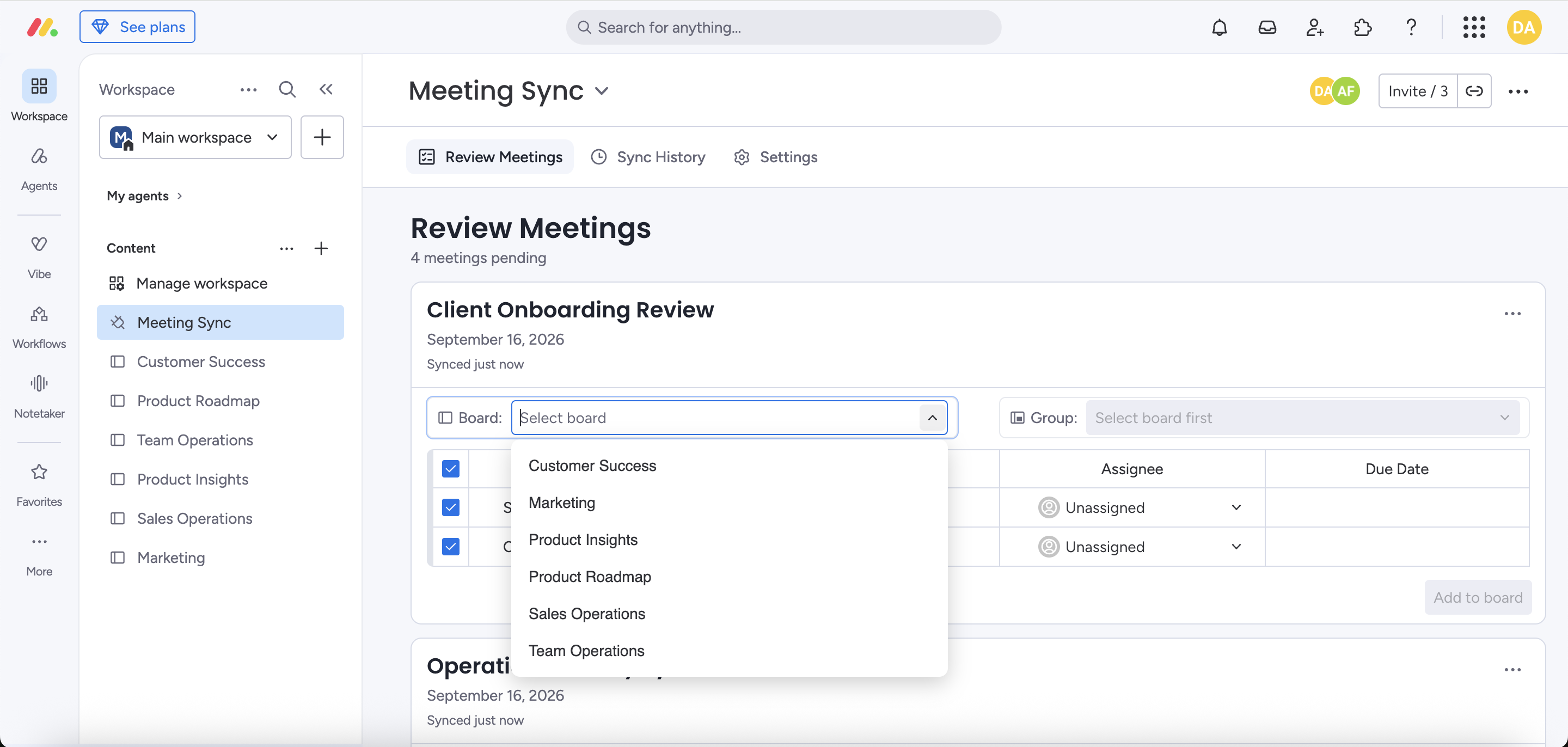 Meeting Review destination selectors