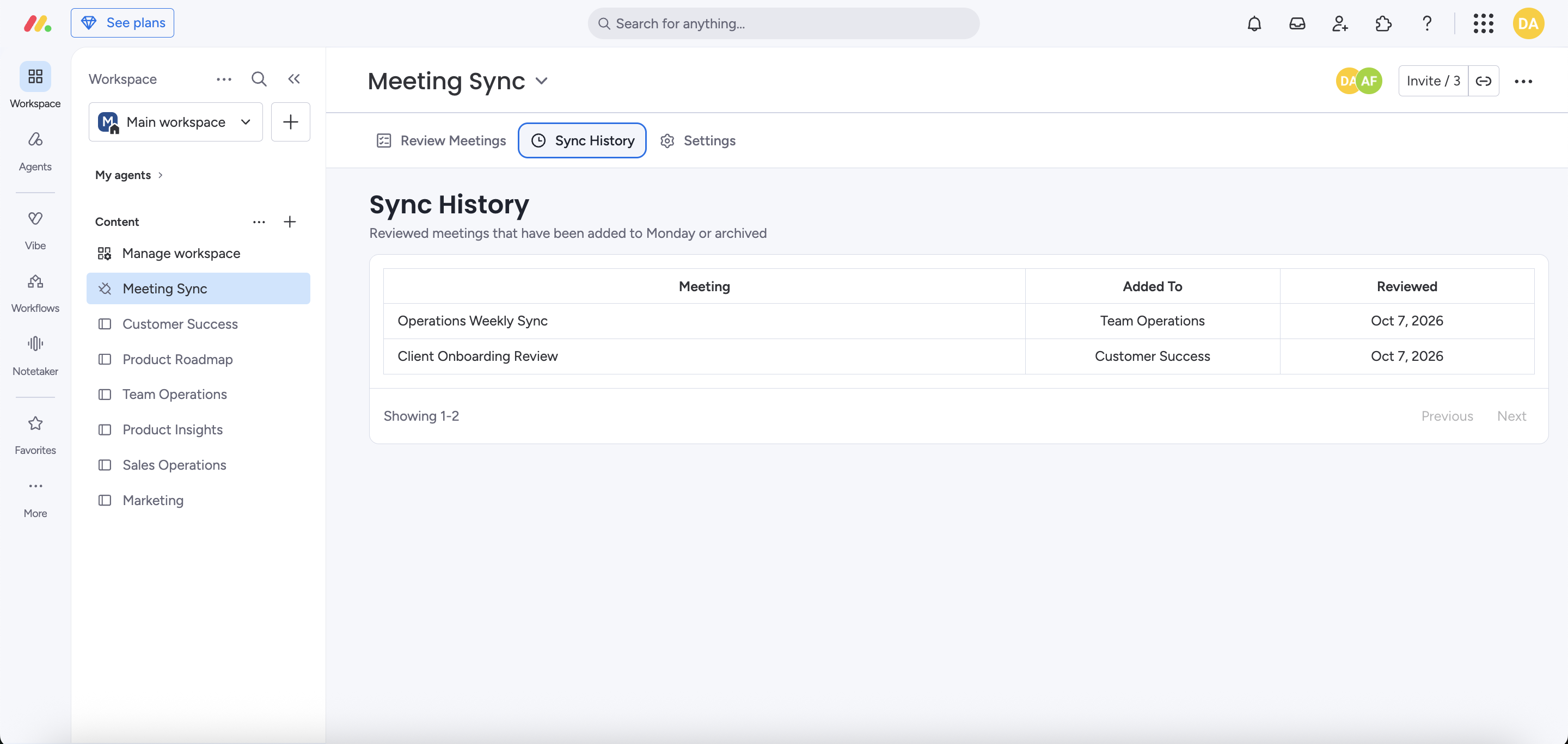 Sync History page
